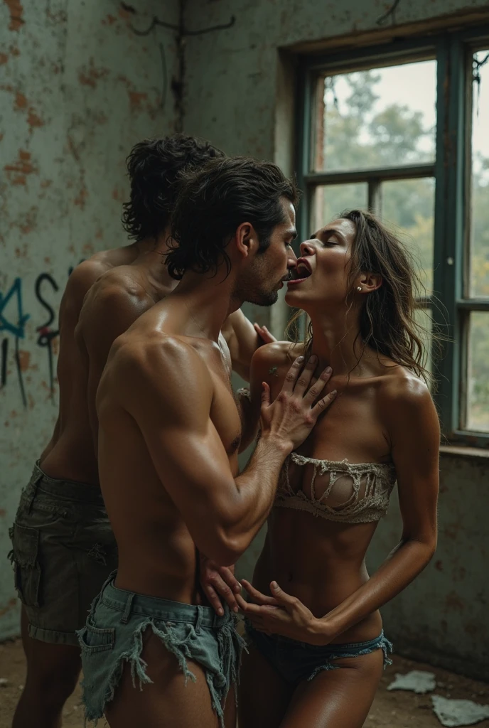 they are two people in a red bikini posing for a picture, posing together in bra, red bra, posing in bra, red bikini, model with attractive body, two muscular men entwined, wearing red clothes, sexy movie photo, attractive pose, attractive body, wearing red tank top, two models in the frame, muscular men entwined together