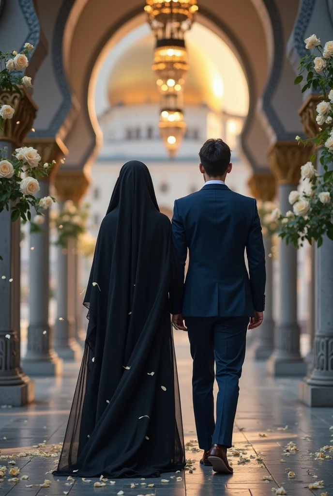  Irani girl  & irani man, couple with black aba chadar, , , abaya hairs hide , face hide , full body cover with black aba,  full picture back side , wallpaper flowers trees