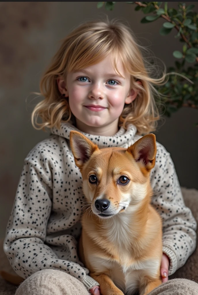 Amish child holding a corgi puppy sitting outside of a general store in Lancaster Pennsylvania dutch country. Photorealistic