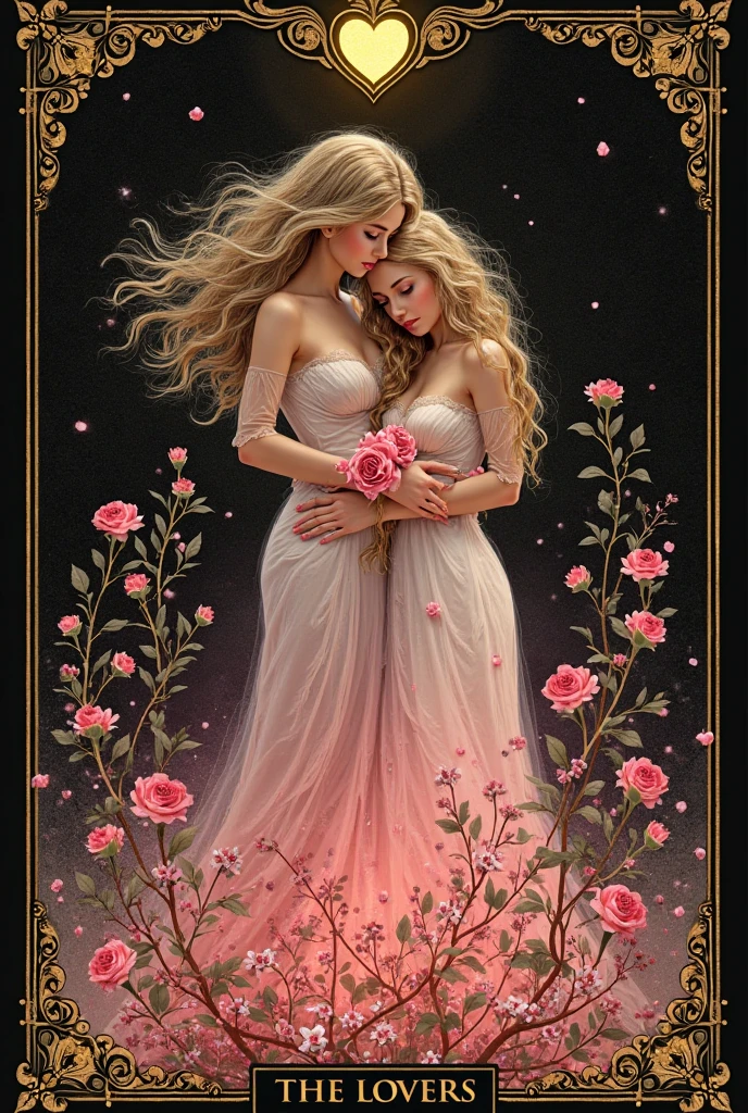 The Lovers tarot card, traditionally the sixth card of the Major Arcana, elegantly reinterpreted to feature a tender lesbian couple. In the foreground, a beautifully rendered card with a border of intricate gold and red roses is revealed. At the center, two women gaze deeply into each other's eyes, symbolizing love, harmony, and commitment. Their ethereal figures are intertwined, one with short, curly hair and the other with long, flowing locks, as they stand in a serene garden setting. The background is a tapestry of soft pastel colors that blend into the sky, creating a sense of peace and openness. Above them, Cupid flutters by, playfully aiming his bow and arrow, a nod to the classical symbolism of love. The couple's expressions are filled with affection and vulnerability, as they stand on a lush green carpet of grass with their bare feet touching. The woman on the left reaches out to touch the woman on the right's cheek, while the latter holds a bouquet of roses, a traditional emblem of passionate love. The composition is balanced and harmonious, with the couple framed by an archway of entwined branches that mirrors their connection. The overall atmosphere of the image is one of pure, unbridled love and emotional intimacy, offering a modern and inclusive twist to the timeless tarot narrative.