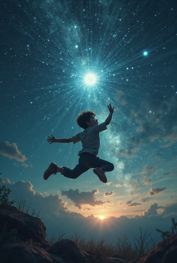 A magical cosmic scene where a smiling boy named Lucas is in the middle of space. On one side, there&#39;s a deep darkness with stars shining, and on the other side, a radiant light illuminating everything. Lucas is looking in wonder at the transition between light and dark, with an expression of enchantment."