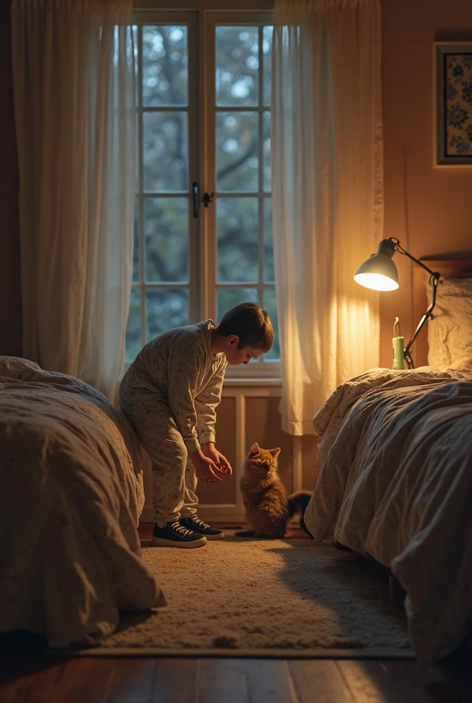 A boy is lying in bed with a kitten. A heartwarming scene at night.