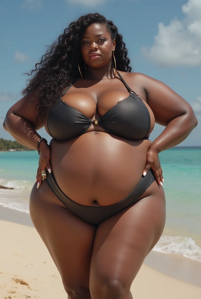 African woman, long hair, bikini, struggling, in labor, spreaded legs, clenched teeth, pain, suffering, shocked, wide open eyes, ebony skin, broad figure, obese, bbw, overweight, potbellied, very Big pregnant belly, bbw, huge saggy breasts, clear light, beach