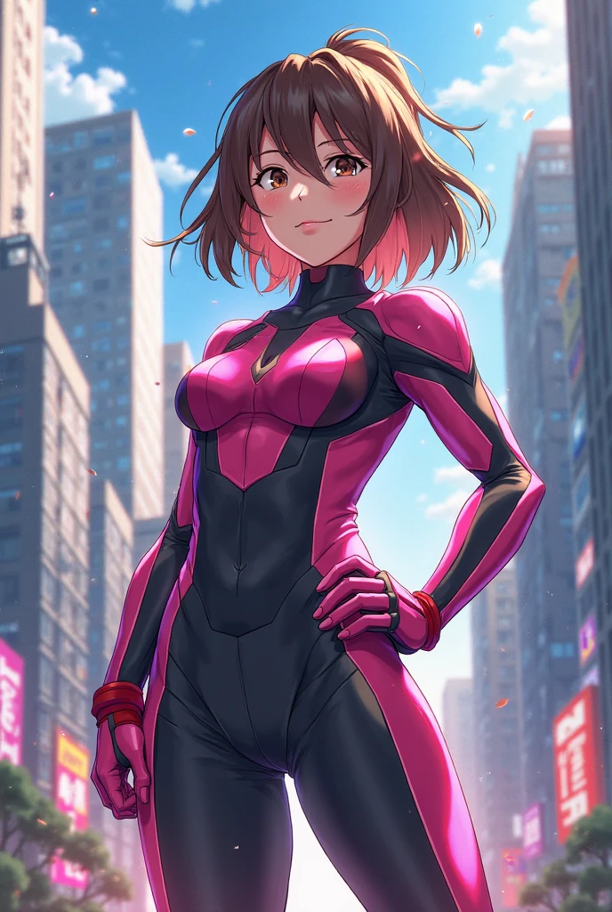 Young girl, short brown hair, purple eyes, Spider-Man 2099 shape, smile, cobweb, lightning, masterpiece, high quality