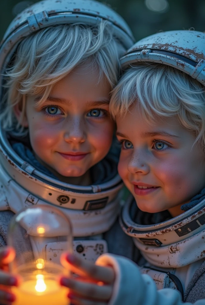 1 CHILD long blonde hair , astronauta., Caminhando na lua, fechar para cima.