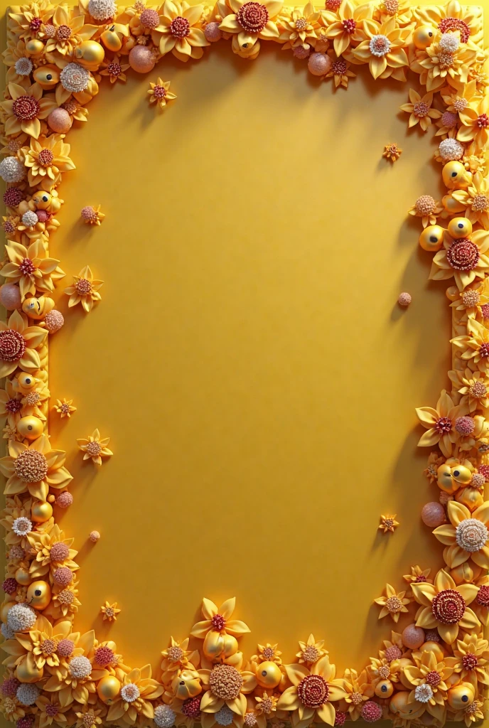Wood table  , Aside, a small piece of fluorescent yellow cloth , on one side a small piece of red cloth , small yellow and red feathers , thin ribbon with flowers 