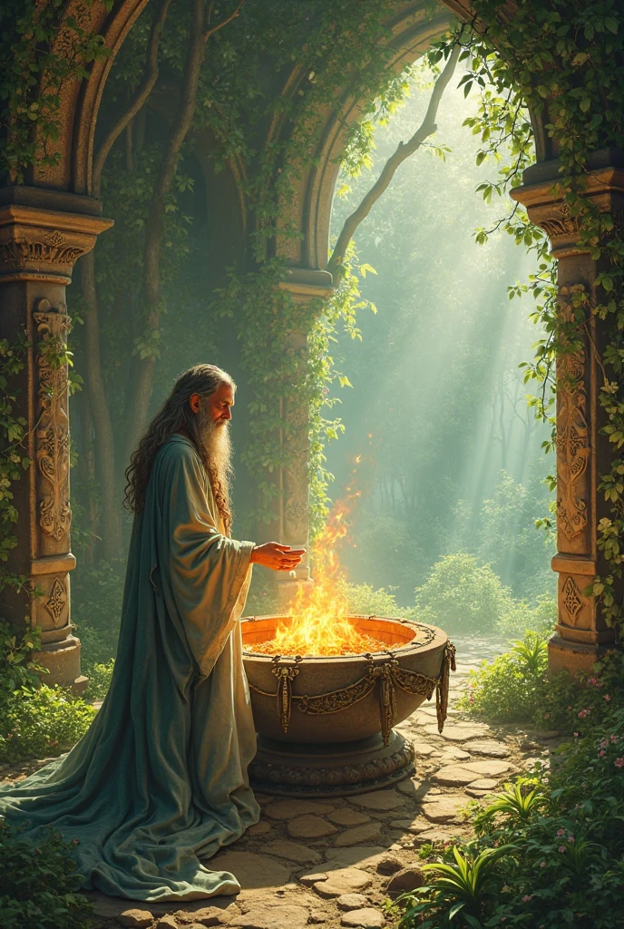 "A druid making a fire offering on a stone altar with ogham inscriptions, in a Renaissance painting setting, which exudes the autumnal tones of Wales."