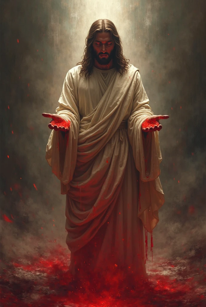 Jesus in white robes stained with blood