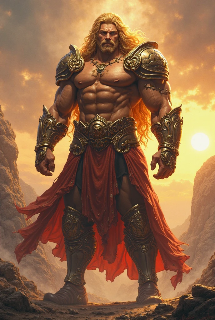 A warrior that is a mixture of , marvel Thor, goku, ares, god of war Zeus and Hercules, bare chest, buff, ripped, abs,