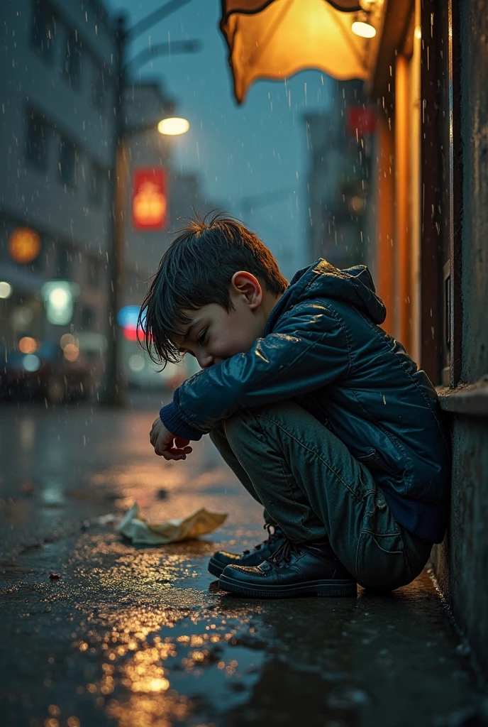 A quiet street at night and heavy rain there is a small child on the side of the road