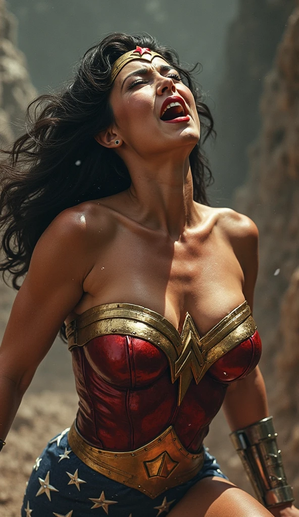 A muscular female spartan warrior, flowing red cape, panties only, gigantic breast, exposed breast, detailed face, beautiful face, perfect face raised sword, determined expression, ancient greek setting, dramatic lighting, (best quality,4k,8k,highres,masterpiece:1.2),ultra-detailed,(realistic,photorealistic,photo-realistic:1.37),cinematic composition,epic scene,intricate details,rugged landscape,fields of gold, fields of barley, bright atmosphere,vibrant colors