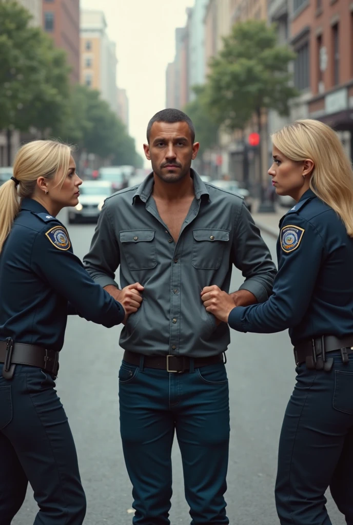 there is a policewoman in a wetlook shiny patent-leather uniform with lipstick and madeup smokey eyes, a consciousless man in a white cotton tanktop, a shorthaired fainted man in a cotton tanktop, a fainted man is helplessly hanging in the arms of a policewoman in a shiny leather-uniform, a ponytaild policewoman with lots of makeup in a very shiny wet black leather uniform,a policewoman is wearing wet shiny wet leather trousers, a longhaired pretty policewoman with smokey eyes, an attractive madeup policewoman in shiny leather with lipstick, a policewoman is carrying a male athlete, a matte clothed injured man, a shorthaired man with cotton t-shirt, a shorthaired bearded man needs to be carried while wearing matte cotton clothes, there is a leather-clad policewoman holding an injured male person in the streets, a shocked policewoman is screaming out with horror, a terrified and sad policewoman is shouting in absolute horror, photoshopped, realistic shot, funny professional photo, realistic photo shoot, soccer, photo manipulation, portrait shot