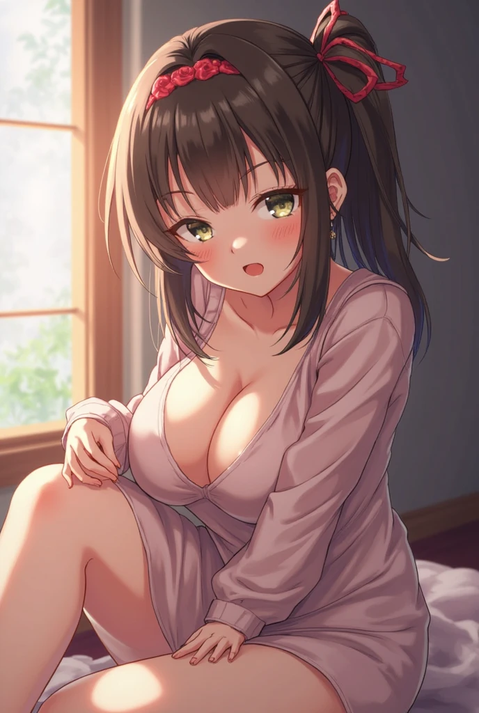 Shooting from below、all fours、Realistic, real person, (pale skin: 1.2), upper body, RAW photo, photorealistic, shiny skin, shiny hair、(A 35-year-old woman with medium-length hair and bangs) and (wavy hair) and (brown hair) and (Orange Eyes) , (white:1.5) and (blouse) 、Cleavage、(blush:1.5), smile, The background is the living room at night、illumination、Alone、