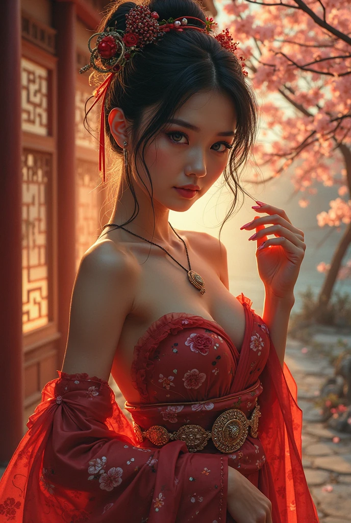 The female knight wears a Hanfu and covers her face with a thin silk cloth and her eyes with a red silk cloth.,open shirt showing sexy big round breasts, messy hair, wear a thin pink yếm