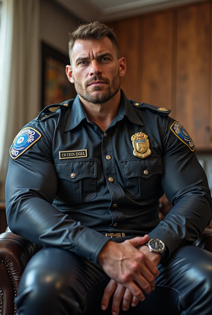 bara, very handsome european dark blond man with a strong and manly face and with detailed blue iris and eyes and with thick muscles (wearing a detailed tight normal police uniform) and sitting in a detailed cafe, handsome smirk, ((romance)), very dynamic situation, thick bulge,
ultra realistic, concept art, intricate details, highly detailed, photorealistic, octane render, 8k, unreal engine, sharp focus, volumetric lighting unreal engine,  <lora:add_detail:1>