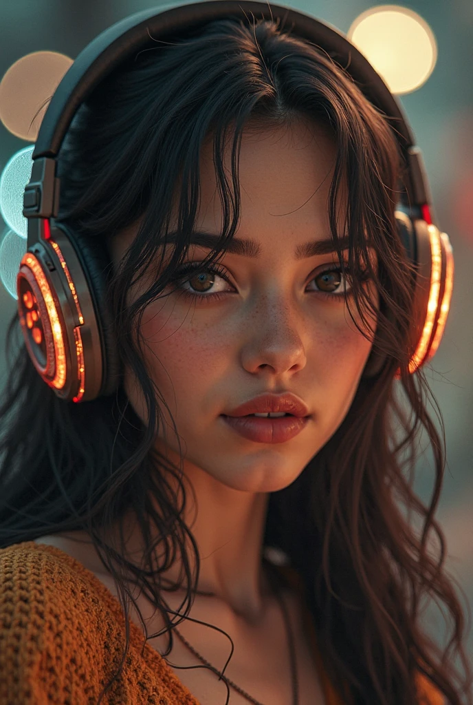 Sonam Kapoor look a like, glowing wires, headphone, dark city, reflective puddles, neon signs,, Photorealistic, Hyperrealistic, Hyperdetailed, analog style, soft lighting, subsurface scattering, realistic, heavy shadow, masterpiece, best quality, ultra realistic, 8k, golden ratio, Intricate, High Detail, film photography, soft focus, RAW candid cinema, 16mm, color graded portra 400 film, remarkable color, ultra realistic,