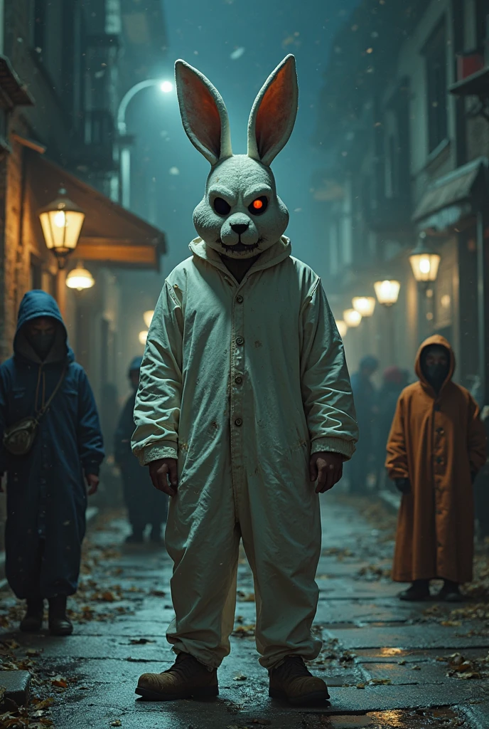 lizoldBS_soul3142, 1 male and 2 females, different furry White bloody rabbit mask with creepy smile and yellow bloody teeth, completely Black torn hoodie, standing in the city street at night, neon lights in the background, steampunk, dystopia, ethereal, detailed, masterpiece, best quality, dramatic lighting, full body, torn Black pants, blood stains, walking to camera, holding ritual knife in the right hand, massacre in the background, chains in left hand, horror
