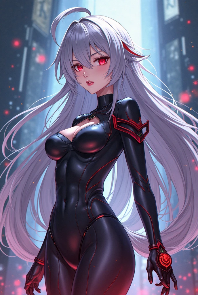 NSFW,(Highest quality, Professional, Surreal), Girl in black bodysuit with red energy lines, Silver Hair, ponytail, Red eyes, Erection under clothes, Surreal lighting, Vibrant colors, Detailed facial features, Simple Background