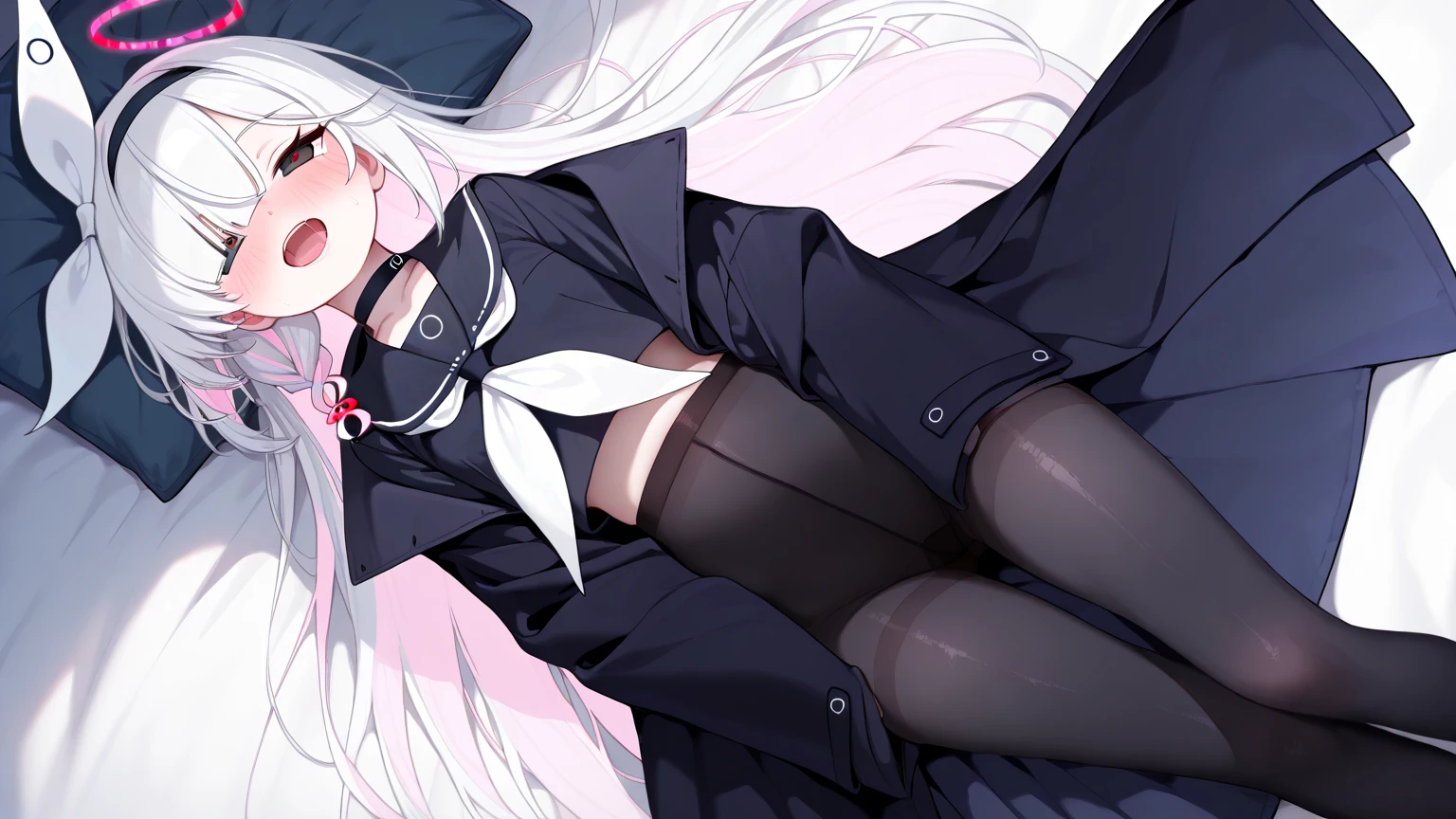 master piece, high quality (flat_color, anime,black_outlines:1.1),1girl,sitting on the bed,pale skin,,white hair,low twintails,hair over one eye,grin,scowl,large breasts,sailor uniform,pantie focus,((from below)),spread legs,