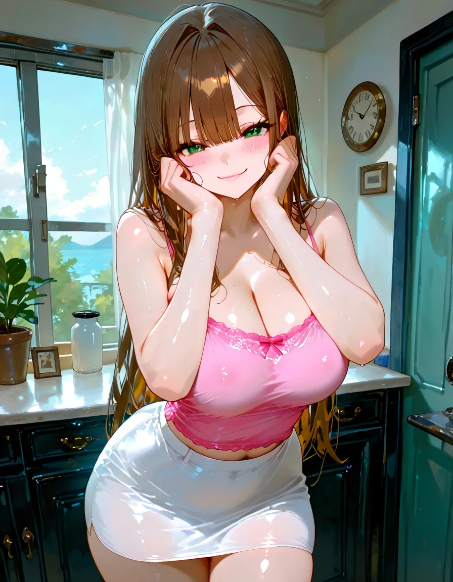 Highest quality, Super detailed, masterpiece, Ultra-high resolution, 8k, Ridiculous, High Contrast, Embarrassing, blush, Lovely, Close one eye, (With tears in her eyes and her mouth open), drooling, wet, soaked, wet clothes, arms behind head, wariza, [1girl, daiwa scarlet \(umamusume\), umamusume], medium breasts, (Off-shoulder school swimsuit), (cleavage), crop top navel, Waistline, (Shower room, I take a shower), from above