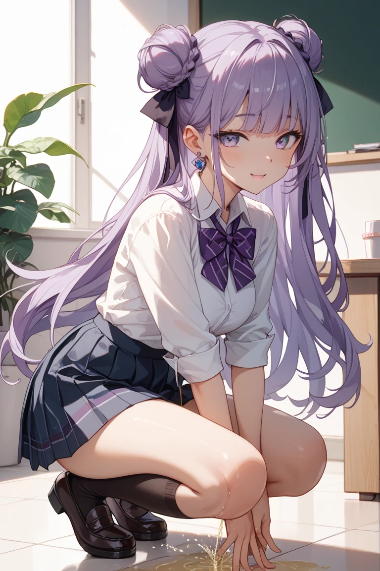 score_9,score_8_up,score_7_up,1girl,Anime girl, sitting at the desk,Long hair,Violet hair, Light violet bangs,Left red eye, Right Violet eye, Annyoned,Solo, Sweating, ,Gray skirt,Black stockings, looking at viewer, School Room, annyoned 