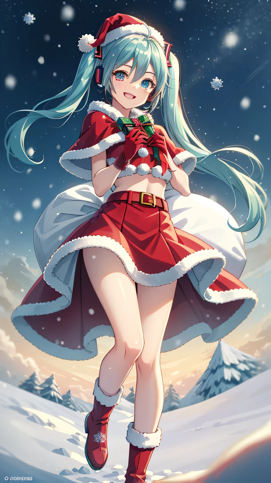 {{{masterpiece}}}, (best quality:1.5), (ultra-detailed:1.5), {illustration}, {{an extremely delicate and beautiful}}, (beautiful detailed eyes:1.6), absurdres, highres, extremely detailed face, 16k, hd, visual anime de uma jovem mulher, extremamente bonito rosto de anime, anime melhor garota, (perfect hands, perfect anatomy), (five fingers:1.1), hatsune miku(Vocaloid), 1girl, solo, cute face, ahoge, aqua hair, crossed bangs, hair between eyes, hair ornament, very long hair, twintails, sidelocks, headphones, aqua eyes, (High resolution eyes, Beautiful eyes, Light in the eyes), medium breasts, big hips, curvaceous, BREAK, santa dress, red costume, red hat, fur-trimmed headwear, fur-trimmed dress, red capelet, fur-trimmed capelet, red gloves, santa gloves, mini skirt, red skirt, red boots, BREAK, merry christmas, ChristmasWintery, sack, gift, holding sack, outdoor, sky, night, snow clouds, (snow:1.3), cute face, smiling, knees together feet apart, floating hair, floating clothes, floating skirt, floating, levitation, jump, peer in from below