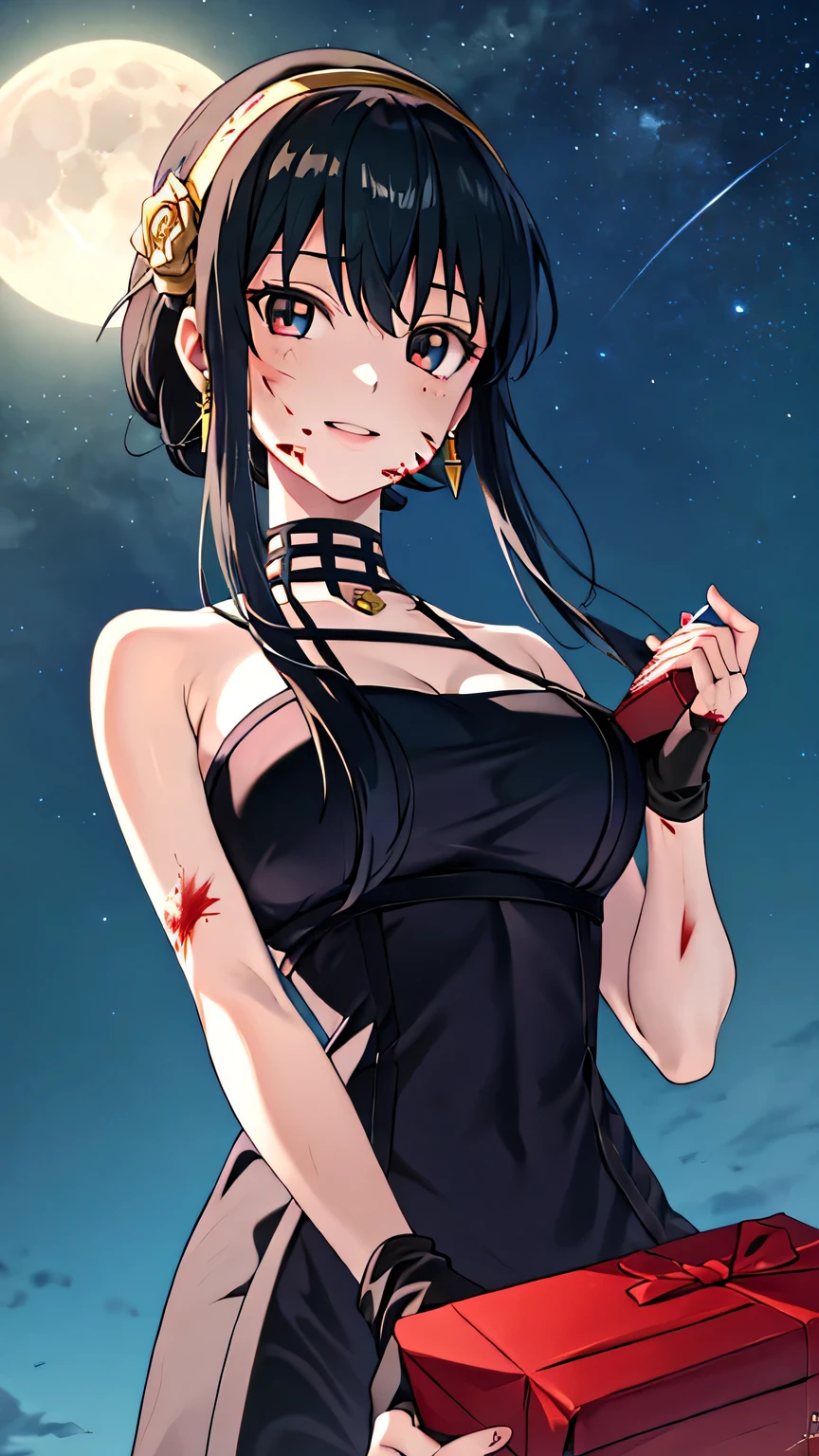 {{{masterpiece}}}, (best quality:1.5), (ultra-detailed:1.5), {illustration}, {{an extremely delicate and beautiful}}, (beautiful detailed eyes:1.6), absurdres, highres, extremely detailed face, 16k, hd, visual anime de uma jovem mulher, extremamente bonito rosto de anime, anime melhor garota, (perfect hands, perfect anatomy), (five fingers:1.1), anime face, Yor Forger(Spy x Family), yor briar, aayorf, 1girl, solo, cute face, black hair, short hair with long locks, (sidelocks:1.1), asymmetrical bangs, (red eyes:1.4), narrow chin, large , big hips, curvaceous, BREAK, gold hairband, hair flower, gold earrings, mini bodycon dress, black dress, off-shoulder dress, sleeveless, bare shoulders, choker, collarbone, cleavage, fingerless gloves, black gloves, black loincloth, (Long hem:1.8), two-sided dress, red lining, black thighhighs, thighs, zettai ryouiki, BREAK, a girl, a large present box, put breasts on box, (holding a box with hands:1.5), blood, (blood on face:1.2), (blood on clothes:1.3), BREAK, sky above, levitation, floating, above the clouds, smiling, expressionless, looking at viewer, outdoor, night, city night view, night sky, moon, (peer in from below:1.2), (upper body:1.5)