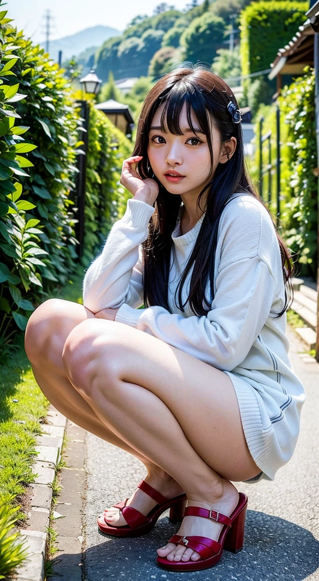 Highest quality、Normal foot、beautiful girl、Sitting、mile,from below