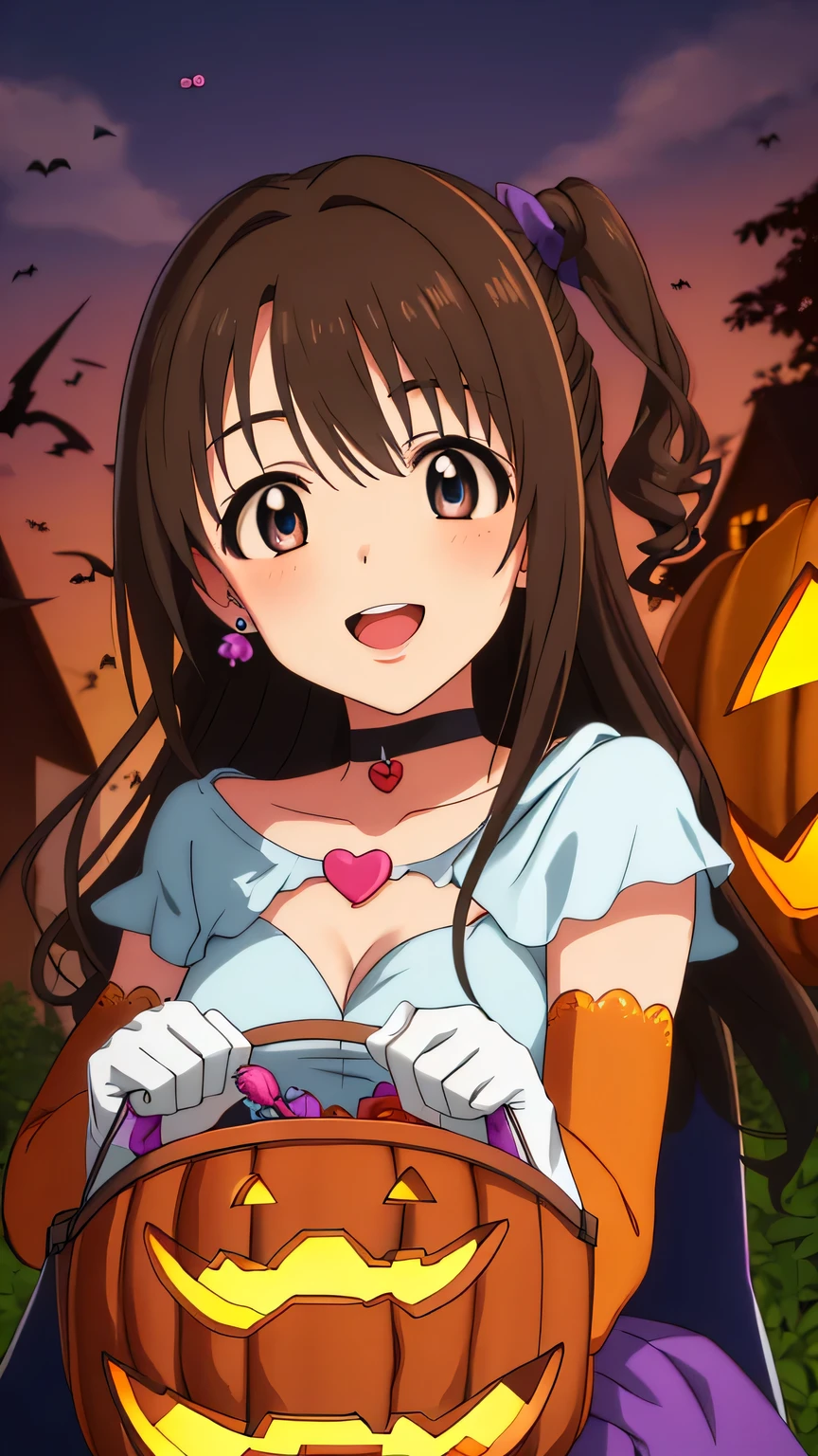 {{{masterpiece}}}, (best quality:1.5), (ultra-detailed:1.5), {illustration}, {{an extremely delicate and beautiful}}, (beautiful detailed eyes:1.6), absurdres, highres, extremely detailed face, 16k, hd, visual anime de uma jovem mulher, extremamente bonito rosto de anime, anime melhor garota, (perfect hands, perfect anatomy), (five fingers:1.1), anime face, uzuki shimamura(iDOLM@STER Cinderella Girls), 1girl, solo, cute face, long hair, brown hair, braid, (one side up:1.8), wavy hair, bangs, swept bangs, sidelocks, flushed cheeks, brown eyes, (High resolution eyes, Beautiful eyes, Light in the eyes), medium breasts, big hips, curvaceous, BREAK, 1girl, solo, halloween, heart, bat wings hair ornament, earrings, choker, cape, elbow gloves, gloves, bat wings, breasts, cleavage, navel, jewelry, demon tail, tail, skirt, black thighhighs, BREAK, cute face, open mouth, smiling, standing, outdoor, night, food, (scatter candy:1.5), jack-o'-lantern bucket, (jack-o'-lantern bucket with candy:1.8), jack-o'-lantern ornament, looking at viewer, (candy:1.8), blush, bat \(animal\),