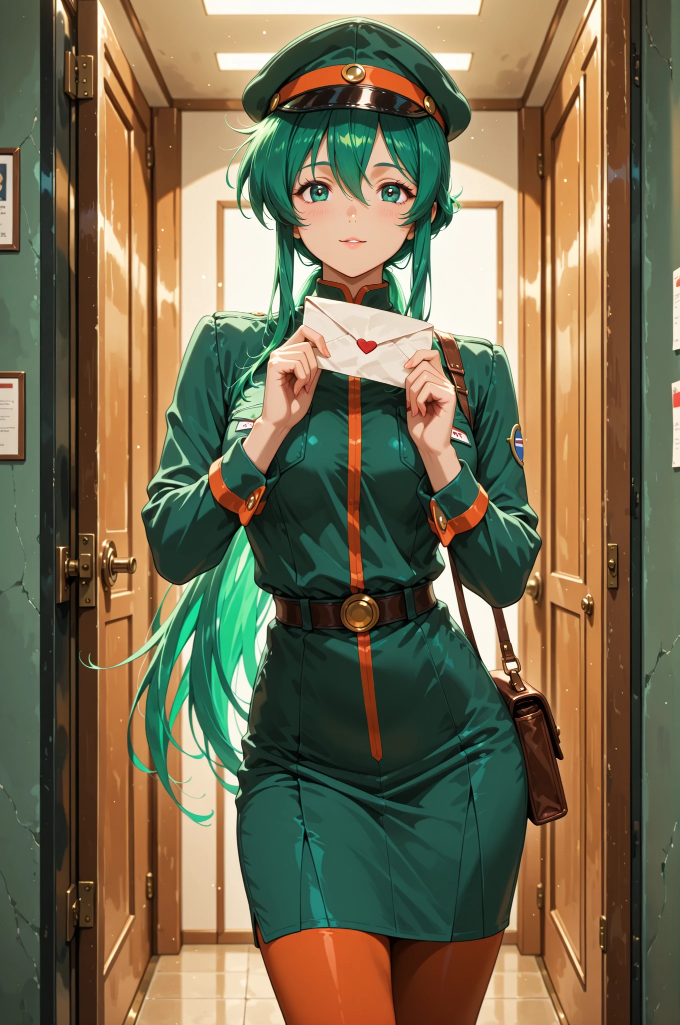 Time Gal with long green hair, dressed as a mail courier, delivering a letter, in full view in a highly detailed anime style
