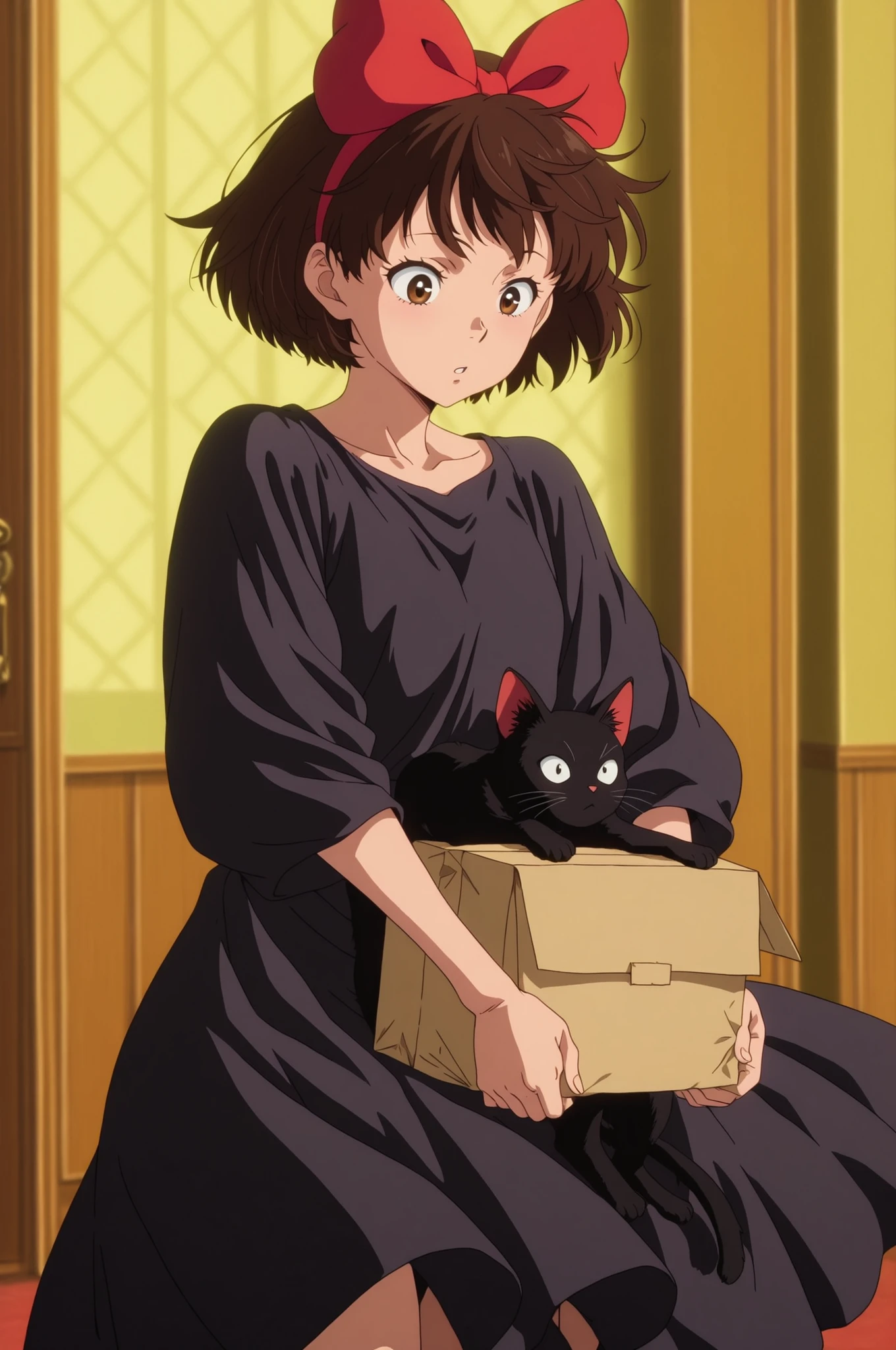 (((anime coloring, anime screencap))),anime coloring, anime screencap, masterpiece, best quality, newest, absurdres, highres, depth of field,kiki \(majo no takkyuubin\), majo no takkyuubin, 1girl, short hair, brown hair, black hair, hair bow, black dress, red bow, black cat, animal, delivering package, elderly woman, black cat, by (((Ayami Kojima))) (cutesexyrobutts:0.4)