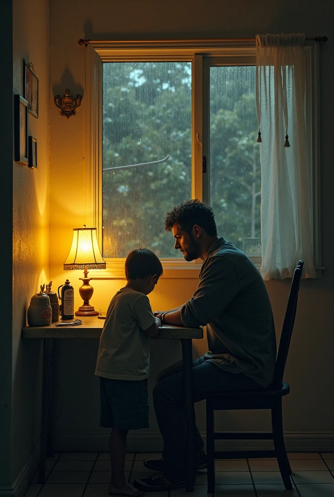 A young boy standing by a door, peeking into a room where his father is working. The boy has a curious expression on his face.