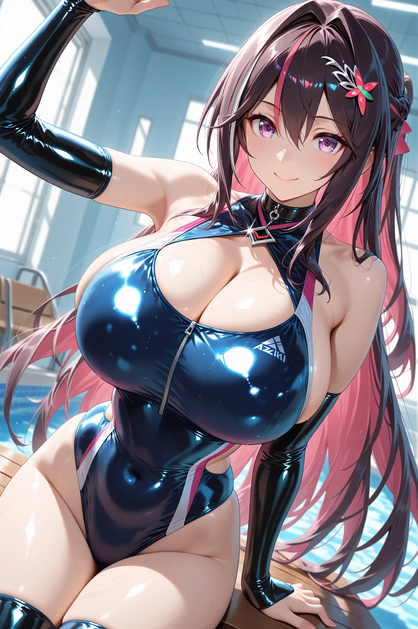 (Front view:1.5).(Browsing Caution:1.8).(shining blue and green_one piece_Sexy blue and green swimsuit:1.7).(Cat ear:1.2).(Big pink ribbon:1.2).(Curly hair in twin tails:1.5).(to you:1.5).(vapor:1.3).(Ahegao:1.2).(Upper body only configuration:1.5).(how:1.5).(Browsing Caution:1.6).(Glowing Skin:1.8).(Wet Skin:1.5).(Huge breasts:1.7).(Nipples are visible:1.5).Show off your breasts:1.6).beautiful girl,最high quality、Best image quality、masterpiece、girl((18 year old top model、 By becoming、Best Bust、The tea that opened my heart、shining eye,((Heterochromia iridis, (右eye, blue colored 右eye iris)(左eye, gray purple colored 左eye iris), eye; Red and grey purple)), Pink metallic hair、Blue Hair Color, Silver smooth shiny top model hairstyle, Straight silk bangs, Cut in a straight line hair and bangs, Blunt bangs+Cut in a straight line, long and smooth hair、thin,Highest valley、black 、Shiny pink short skirt、shoulder jewelry ,Diamond Earrings、Wristband、black gloves)),high quality、Beautiful art、background((School Area))、Flight、flying debris、Written boundary depth、movie、Visual Arts、Perfect art、8k,Genuine、Dynamic Performance