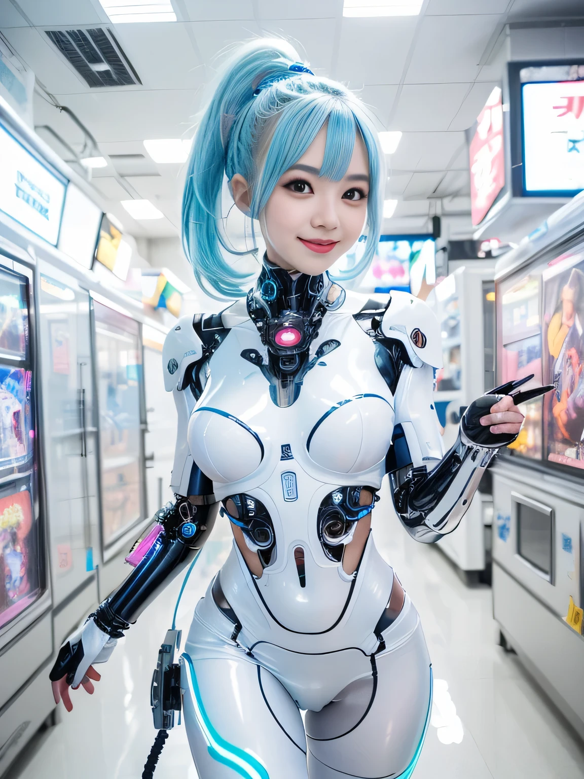 ( top quality , high definition, masterpiece:1.2), Very Detailed, Now:1.37, ( perfect anatomy ), Full Body, cowboy shot, A cute and perfect pretty Japanese female idol, 22, year-old, ( Cyborg transformation surgery ),( smile:1.2), Beautiful Eyes, Very pretty face, ( smile), white skin , great eyes, beautiful lips, Light Blue Hair, Bangles,,(wrapped with kawaii bright blue and white futuristic Super tight shiny PVC films:1.3),( Internal body neon lights :1.2),, Cyberpunk, elaborate decorative details ,( Natural Cosmetics) ,(Background: a cyborg transform pit equipped with advanced digital equipment and monitor screens)