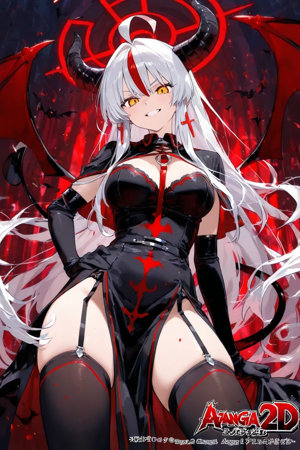 Monster girl with Bone tentacles, She has shiny red eyes with white hair, She has tiny breasts, Small breasts, Flat bust, She is wearing demonic costume, Glowing robe, Blood is dripping from her eyes, Bleeding scars, White bone tentacles