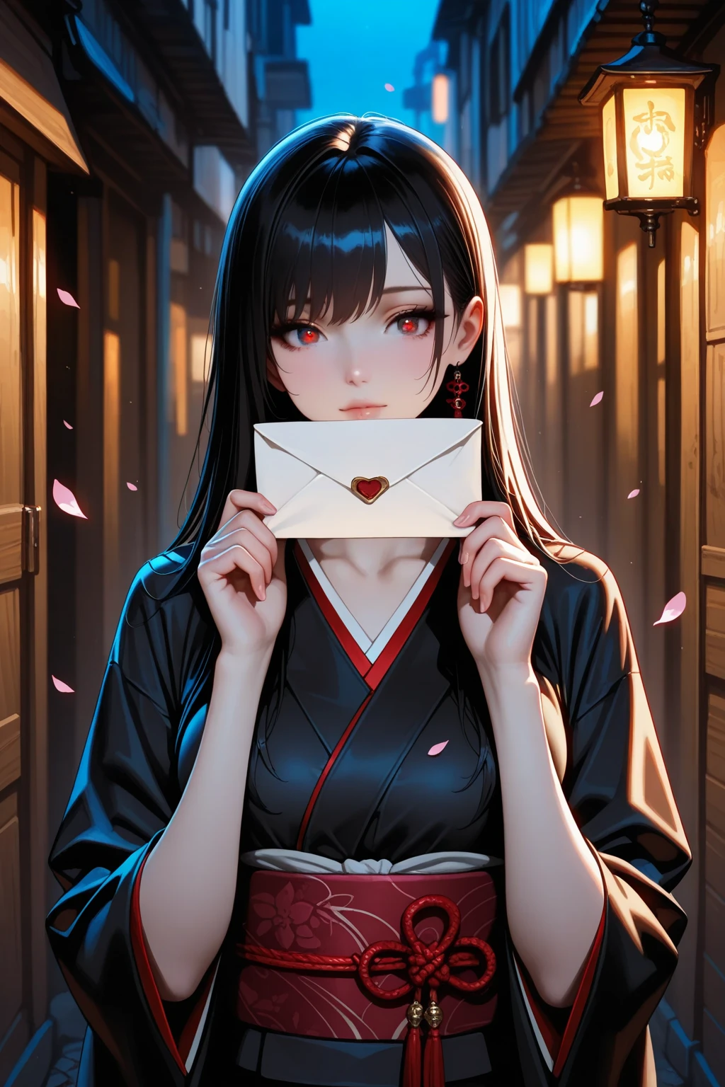 realistic, detailed, (masterpiece), (best quality), (ultra-detailed), original, photo background, masterpiece, best quality, absurdres, newest, very aesthetic, amazing quality, highres, sensitive, highres, ultra detailed, best anatomy, HDR, 8K, high detail RAW color art, high contrast(holding a letter in one's hand:1.2)
BREAK
A photorealistic medium close-up portrait of a secretive female messenger, dressed in a sleek, modern adaptation of an Edo-period kimono. Her black hair is arranged in a simple, elegant knot, and a small omamori charm rests against her collarbone. She gently carries a vintage wooden document box, its surface worn smooth with age and tradition. Her expression is cool, serene, yet tinged with silent resolve—eyes betraying an unspoken promise to deliver precious words only to the intended few. The softly blurred background hints at an ancient alley lit by warm lantern glow, drifting cherry petals adding subtle motion. Fine textures in her kimono—silk weaves and delicate gold threads—catch the ambient light, while cinematic shadows contour her features. Details like faint lacquer reflections and gentle condensation in the cool night air bring realism to the scene, capturing the sacred, almost ritualistic act of delivering heartfelt messages in secret.