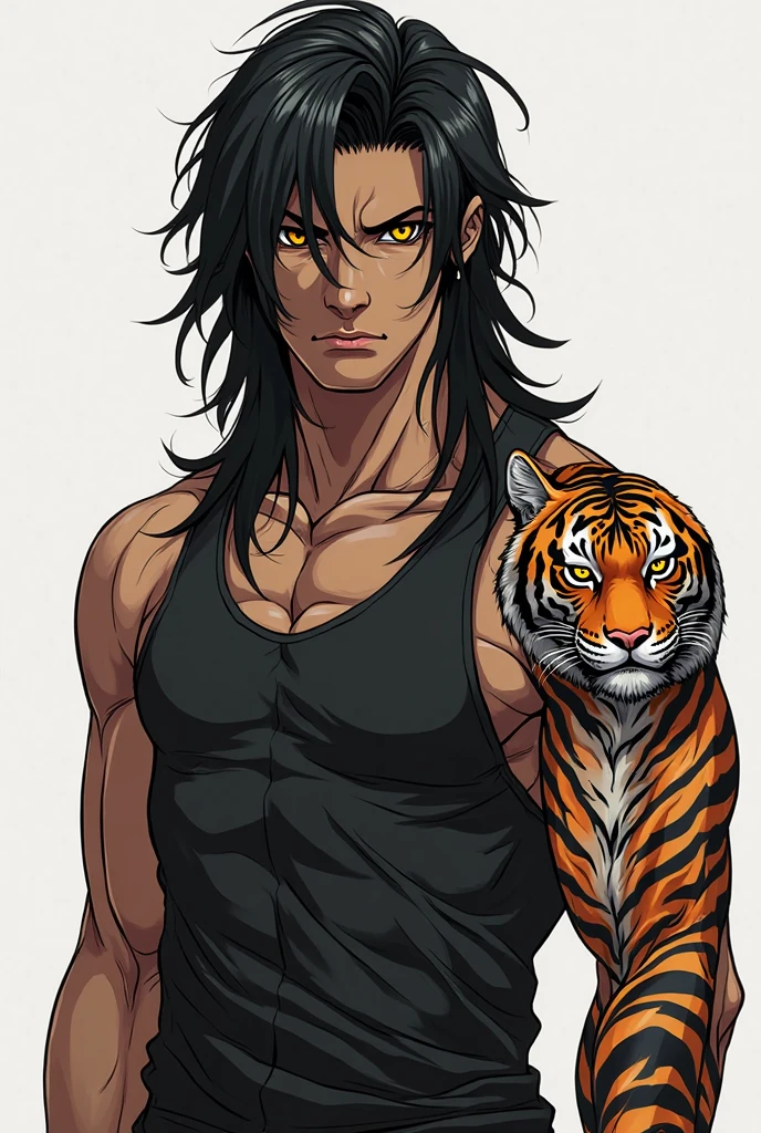1bo, short reddish-black hair, blue eyes, muscular and six-pack. He has a dragon tattoo on right arm. and a lion tattoo on the back, a pierced tongue,. Height 194 White shirt and jeans.