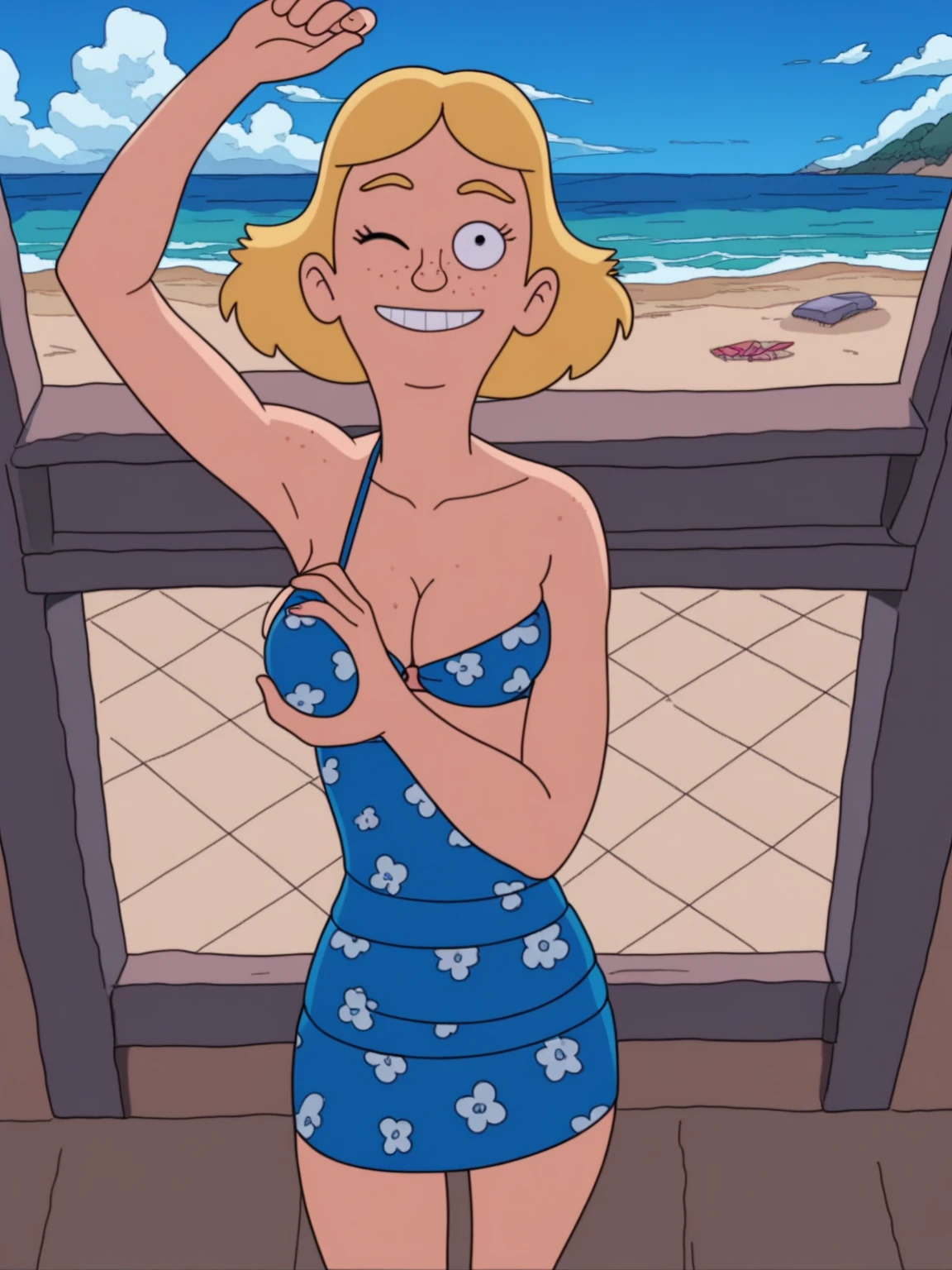 summer.smith, black eyes, orange hair, ponytail, floral pattern, sandals looking at viewer, smiling, standing, ass grab, outside, beach, sunset, dusk, high quality, masterpiece, big breasts, wide waist, slim body, sexy, naked body, pussy, shy
