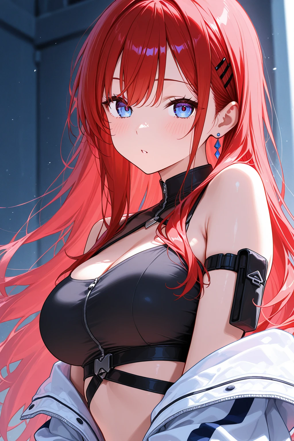 woman, long white and red hair, cyan eyes (beautiful detailed eyes), black mini t-shirt showing navel, sleeveless, blue shorts, sitting, smiling showing teeth (beautiful detailed lips), rude expression, anime style, 8k resolution (best quality, ultra-detailed), vibrant colors, stylized lighting, red lights, dynamic, anime