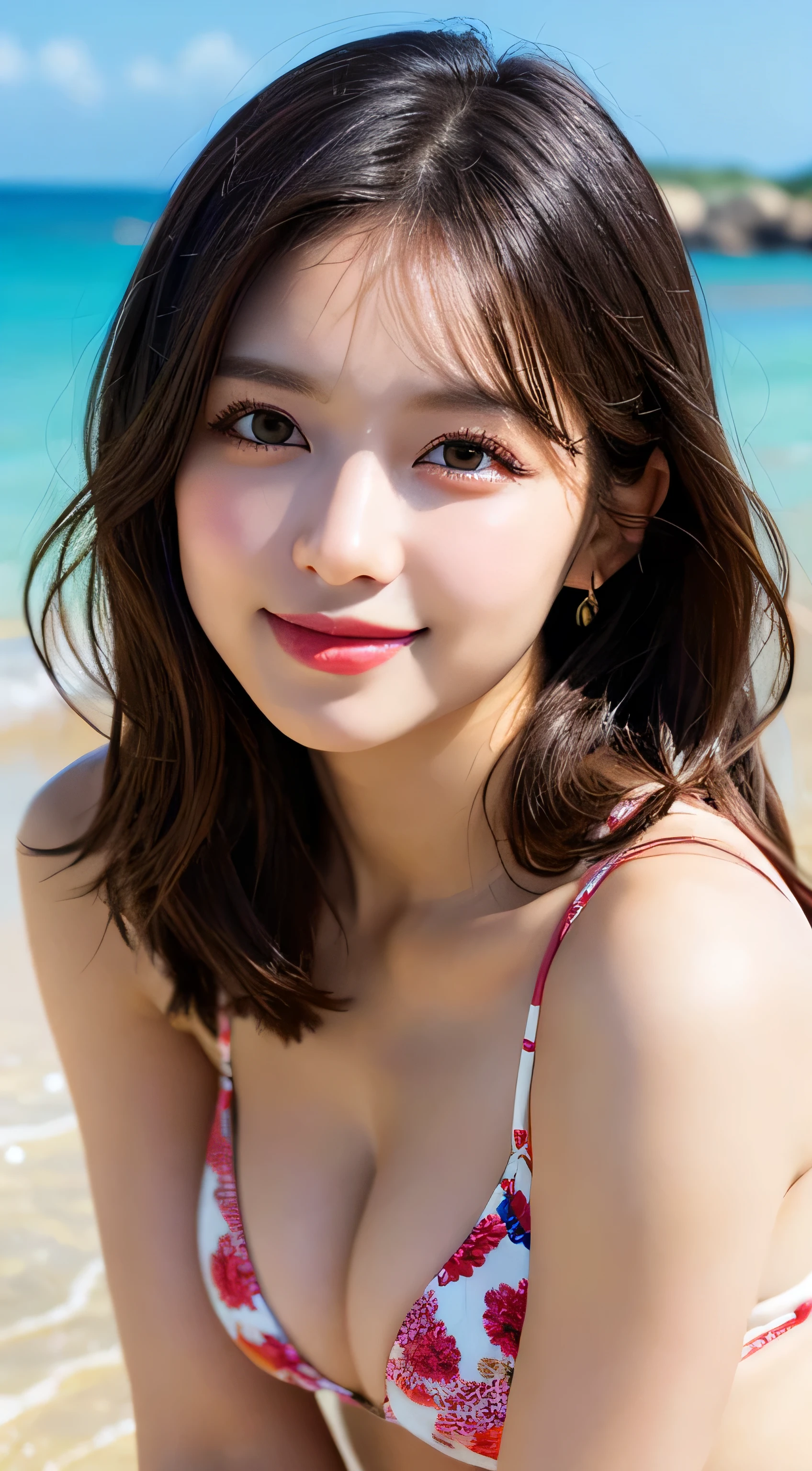 muste piece, best quality, illustration, Super detailed, fine details, High resolution, 8K Dende Wallpaper, perfect dynamic composition, beautiful detailed eyes, she is wearing a black bikini swimsuit,medium hair,natural color lip, shy smile,Harajuku style、20 year old girl、There is only one person, bust up photo、Correct posture、stretch your back、Never show your hands、cute type、looking at camera、C Cup、brown hair、Don't touch it、Blurred private beach background、Copy Space