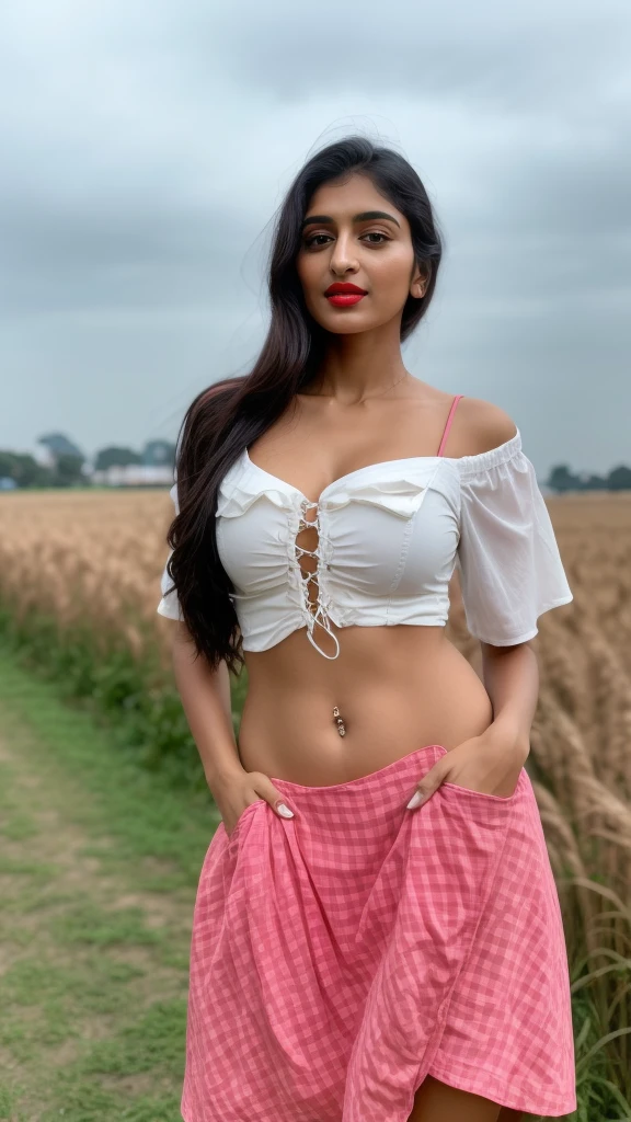 ((RAW, analog style)), face, extremely detailed full body color photo of a 25 y.o girl, beautiful face, beautiful eyes, ((small nose)), big natural lips, ((fabric frock yellow)), small breasts, hourglass shape body, outdoor street delhi ((film grain, skin details, high detailed skin texture, 8k hdr, dslr)), indian female model silpa Shetty, dark red lips, dark pink natural lips, black color shorts, healthy body