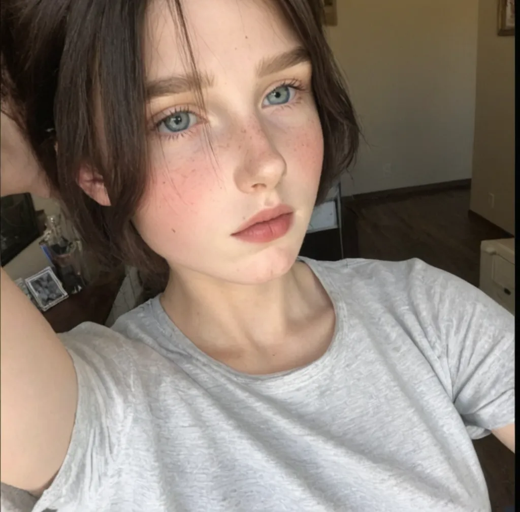 ((best quality)), ((Meisterwerk)), (detailliert), perfektes Gesicht, blaue haare, Beautiful eyes, 40k, Fotografie, seductive pose, ultradetailliertes Gesicht, detaillierte Augen, wearing a cute white t-shirt without a logo, 27 Jahre alt, deutsch