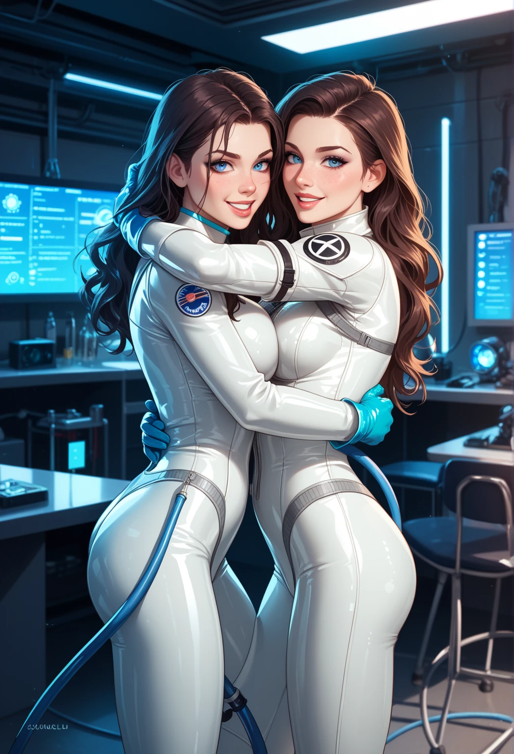 (((Three women dressed as race queens in flashy designs)))、high resolution、high quality、High resolution、detailed、masterpiece、Mature Woman、Big smile、Light brown hair、Random long hairstyles、Perfect proportions、Thong、The thighs are exposed、(((((They are hugging each other)))))
