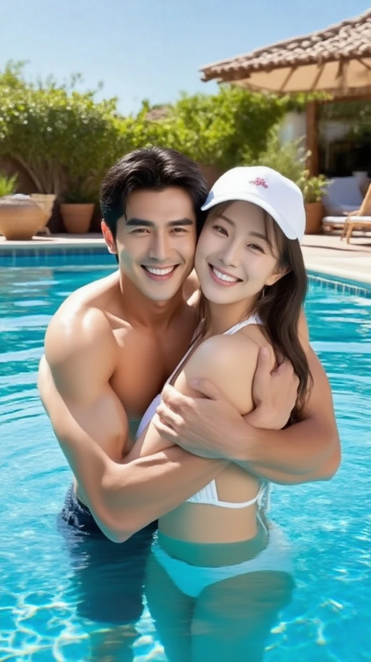 ((photorealistic, masterpiece, high details, best quality, UHD 32K, RAW photo).

A couple of girl and boy, 1boy, 1girl, standing together, under the tree near the clift, hugging, girl standing beside a man.

girl: cute smile, brown hair, medium short hair, beauty, chubby, young girl, 20 yo, beautiful face, natural makeup, perfect body shape, small waist, pretty face, perfect firm breast, medium breast, white bikini.

boy: dark skin man, fat man, black hair, short pants, shirt.

background: beach, ocean, sunset, scenery background, near the cliff,hug,photorealistic.
