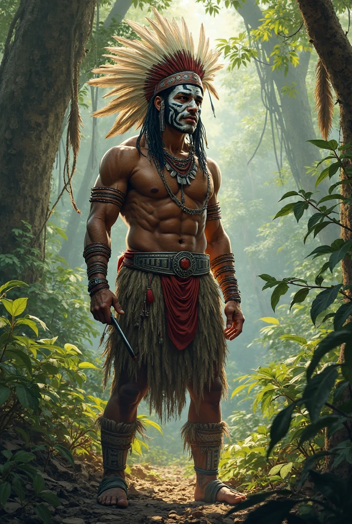 Create an image of an indigenous chief, 4, high, thin and strong, dark brown skin, short hair with some gray, that he is wearing a feather crown and has a spear in his hand