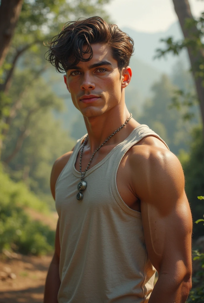 A tall, muscular tanned boy in his 20s, clean shaved, Shirtless, curly short black hair, sweaty and ragged attire, G-string, standing in a rustic village setting, high detail, realistic, dynamic lighting, portrait, character design, cinematic atmosphere, masterpiece .