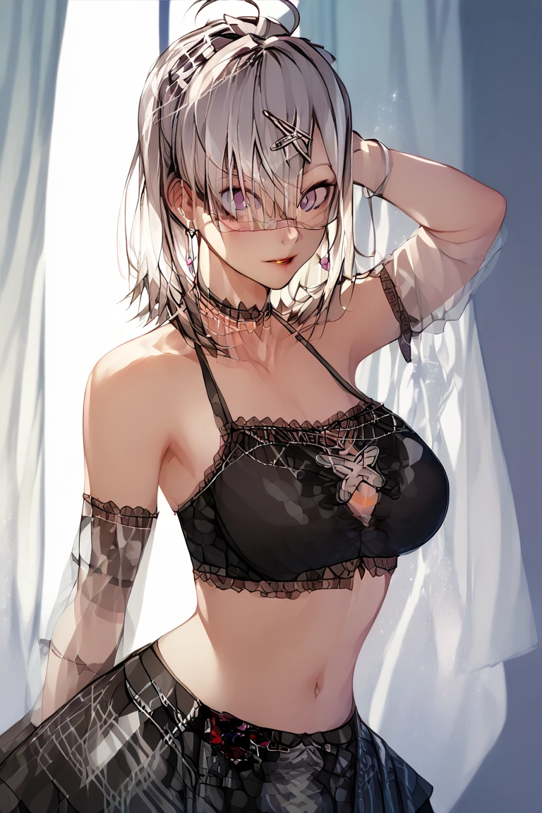 masterpiece, best quality, highres, aarurutie,1girl, white bra, white tight panties, white suspenders and stockings. standing, garden, smile, open mouth,yorha no. 2 type b, short white hair, over eyes black mask