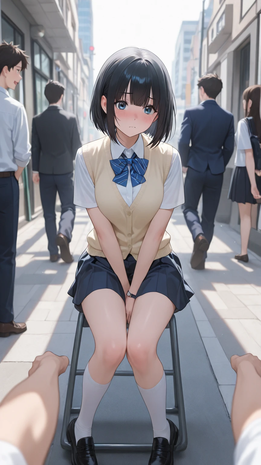 blue eyes, wearing long plain white shirt, high res, ultrasharp, masterpiece, wet shirt, black short hair, pussy, crowd not notice, mysterious smile, secretly having sex in front of others, ripped skirt, tiny girl, very close to other people