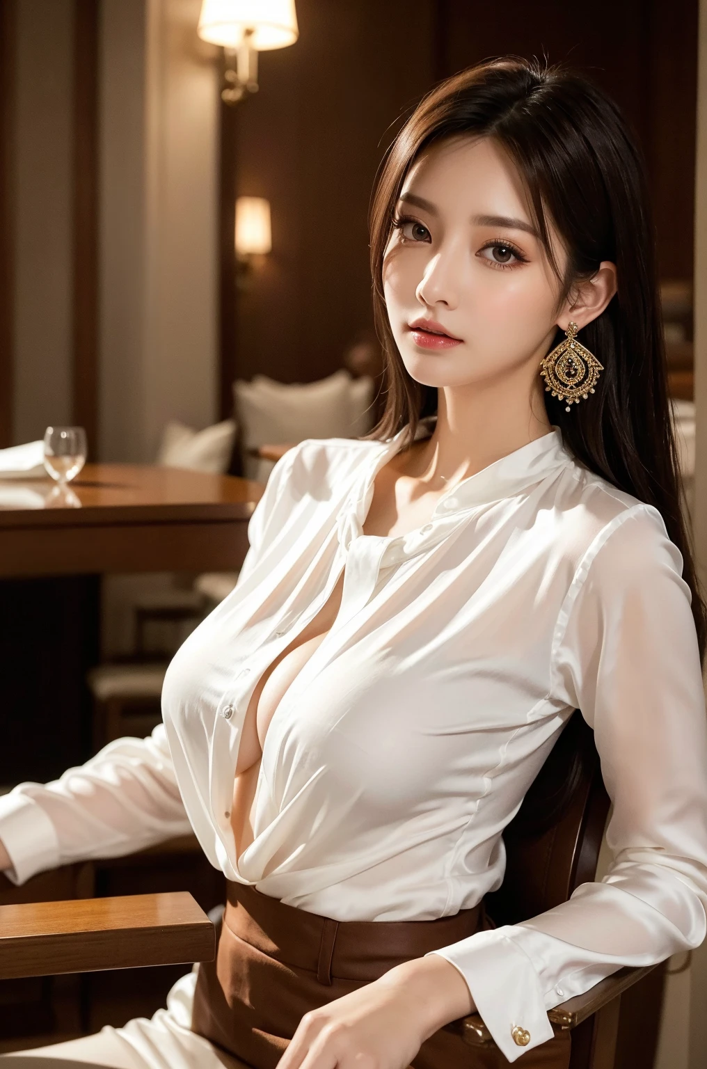 full bodyesbian，（Ultra photo realsisim）， （illustratio）， （A high resolution）， （8K）， （The is very detailed）， （Most Best Illustration）， （Beautiful and detailed eyes）， （best qualtiy）， （ultra - detailed）， （tmasterpiece）， （the wallpaper）， （详细的脸）， one-girl， Look at the front， finely detailled， 详细的脸， low tune， pureerosfaceace_v1， dark eyeliner， By bangs， The large， （best qualtiy， 8k， 32K， tmasterpiece） 1gril，Brown ponytail，big cleavage breasts， （Detailed white loose shirt：1.5）， shorter pants，， blouse with a white collar， choker necklace， （Detailed lace bra： 1.1）， （Slouching： 1.8）， ssmile， on the floor on all fours， looking down below，