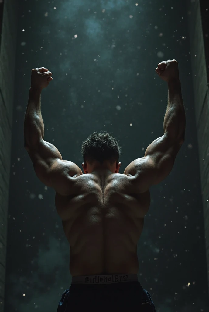 Create a social media profile picture of a man with an aesthetic physique, positioned on his back and shirtless. The environment must have low lighting, almost dark, to create an atmosphere of mystery and intensity. The character must be on his knees with his arms up and his back to the viewer., breaking a chain coming from the ground in half with his hands, conveying a sense of strength and determination. He must have a firm stance, with a serious and cold expression, without your face being visible. Use a dark color palette, predominantly black and gray, to emphasize the dramatic tone of the scen.Wolf